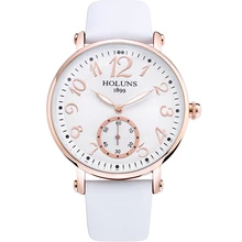 HOLUNS Reloj mujeres reloj correa de cuero cristal de Zafiro Esfera Blanca de Cuarzo impermeable multicolor