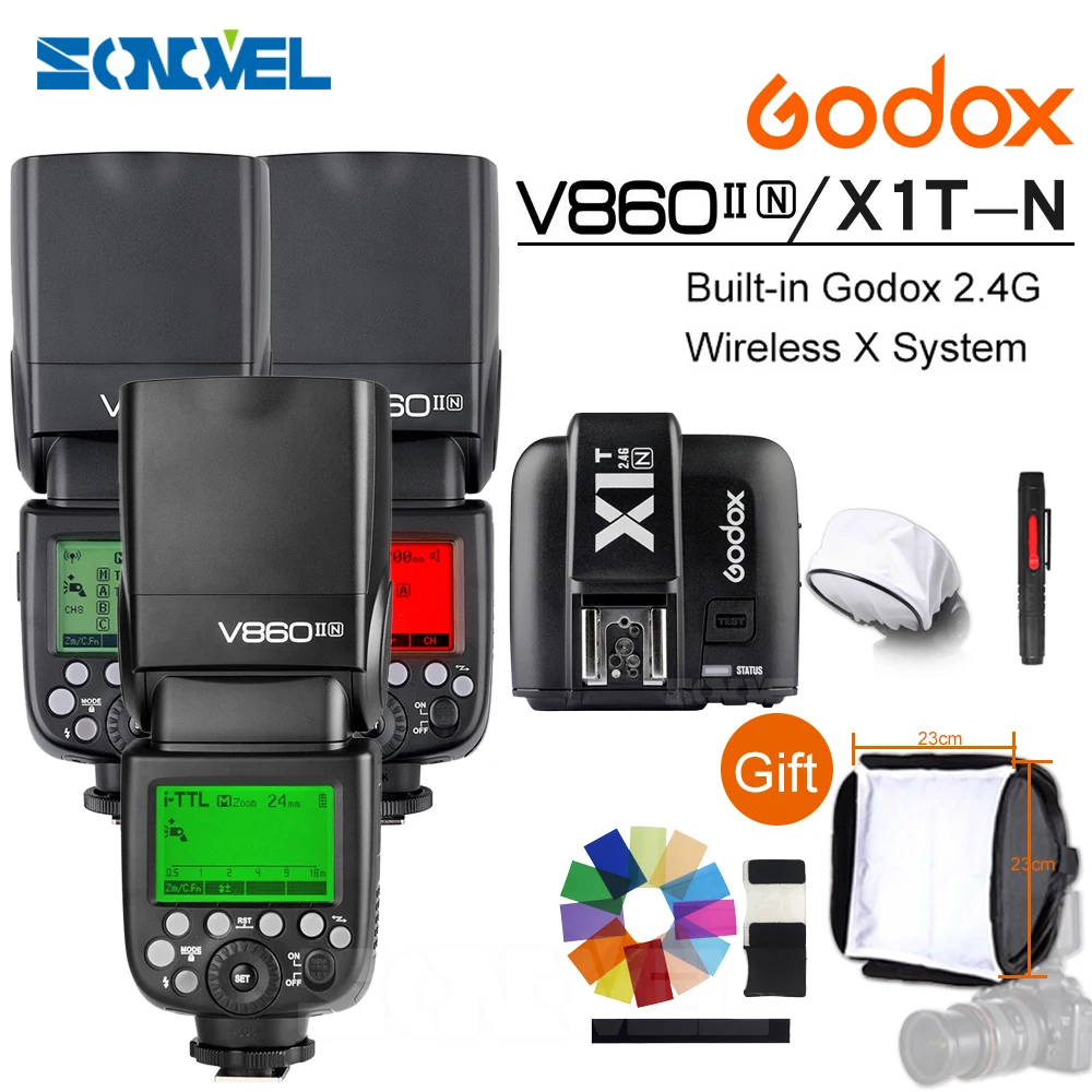 

Free DHL Godox 3x V860II-N GN60 i-TTL HSS 1/8000s Speedlite Flash Li-ion Battery + X1T-N Flash Transmitter for Nikon+Gift Kit