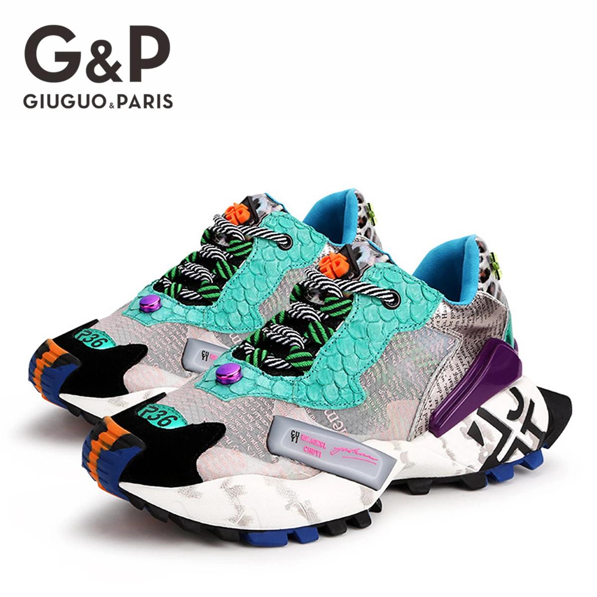 

Women Leopard Graffiti Sneakers Platform Mixed Colors Runway Shoes Real Leather Dad Shoes Casual Fashion Sneakers