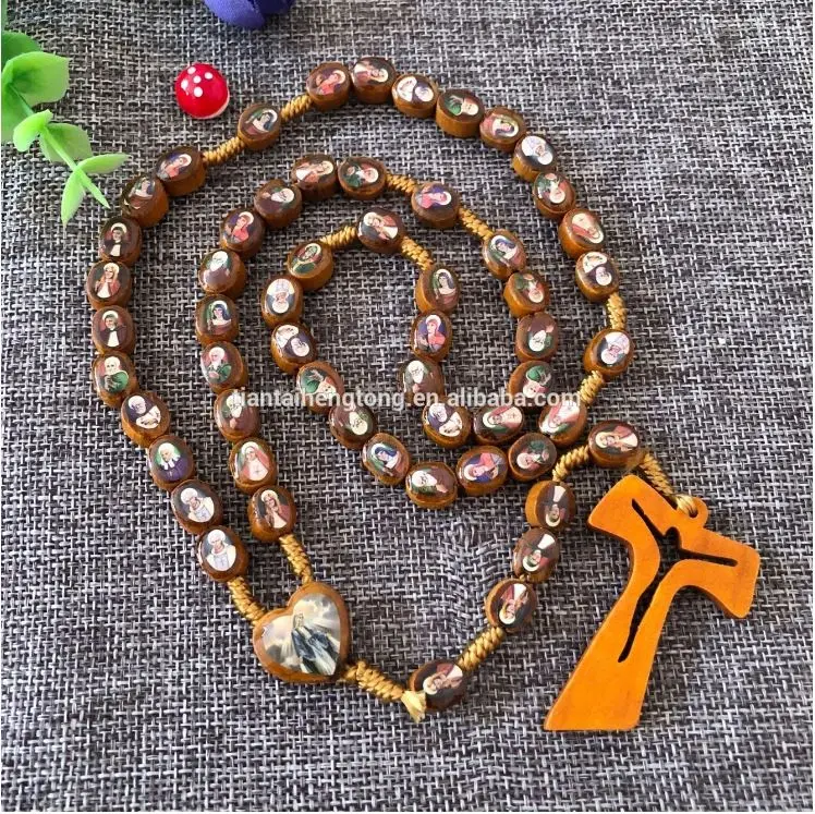 

100pcs/pack Wood Rosary Beads Catholic Necklace With Cross Religious Holy Land Gift