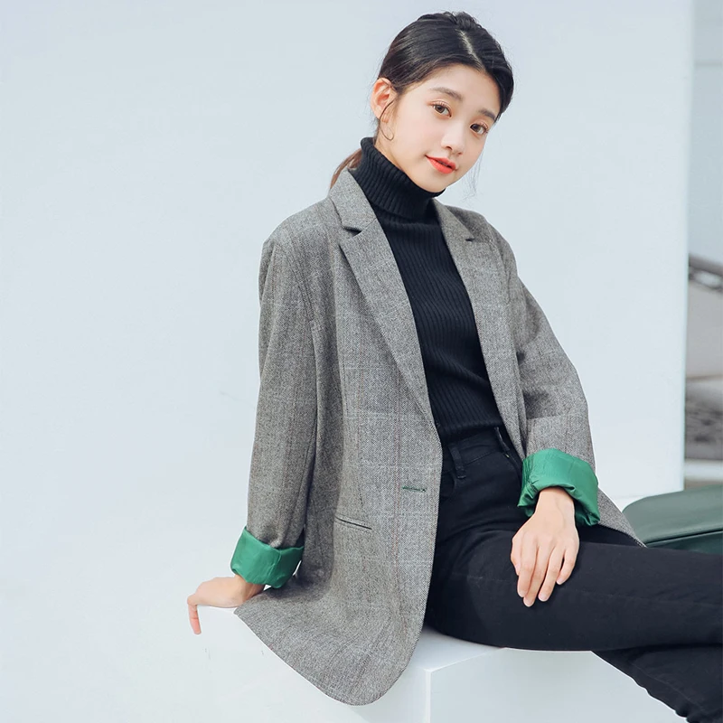 Винтаж одна кнопка серый Для женщин Блейзер Осень Зубчатый воротник плед женский