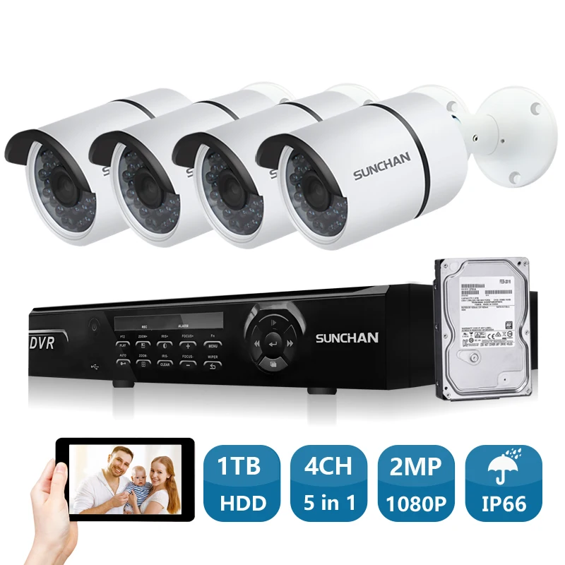 Sunchan 4ch 1080 P AHD-H DVR 4 шт. HD 2.0MP 1080 P открытый камеры безопасности DVR комплекты система видеонаблюдения главная наблюдения 1 ТБ видеонаблюдение комплекты видеонаблюдение для дома