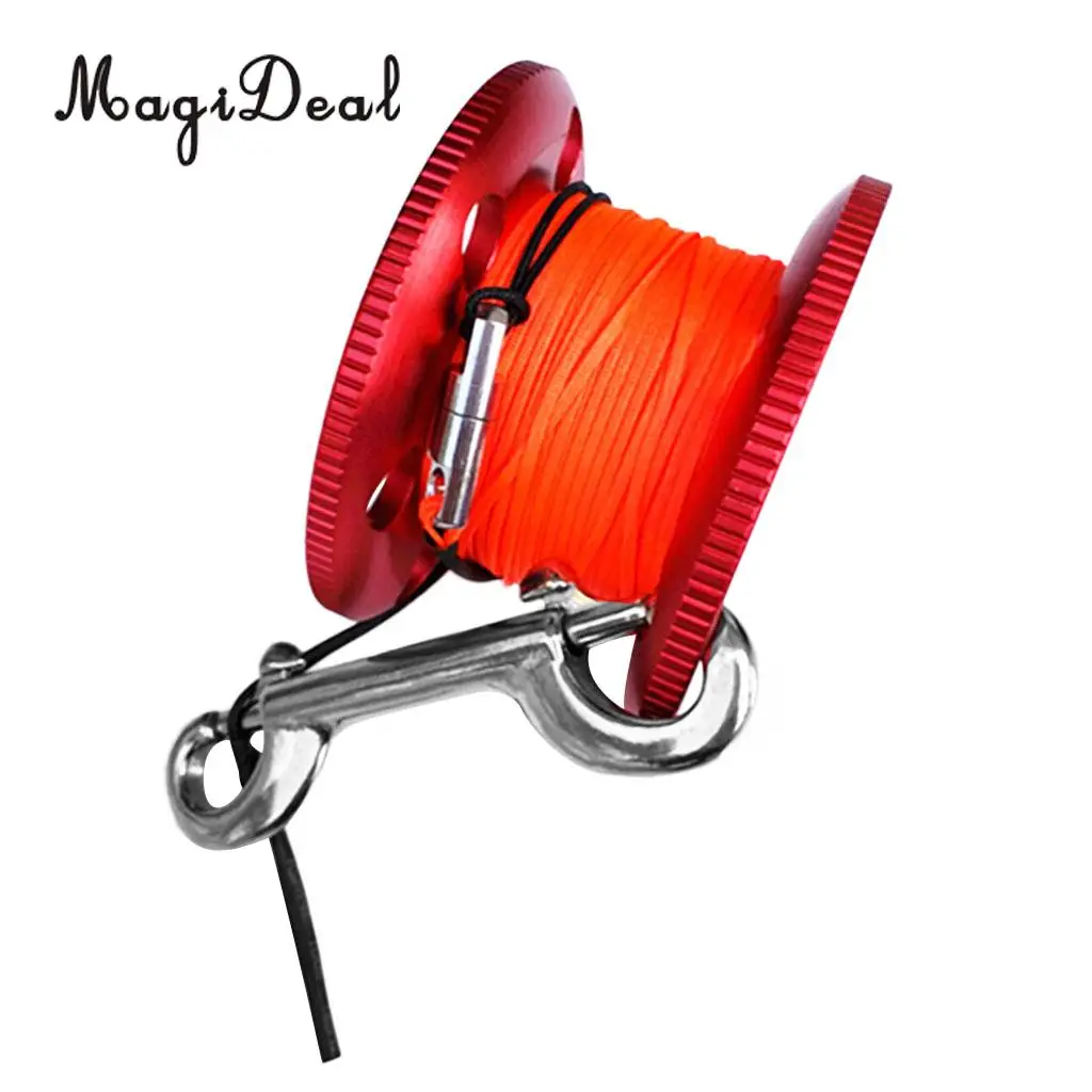 MagiDeal Professional Aluminum Alloy Finger Spool Reel & 30m Line Double End Bolt Snap for Underwater Scuba Diving Applications