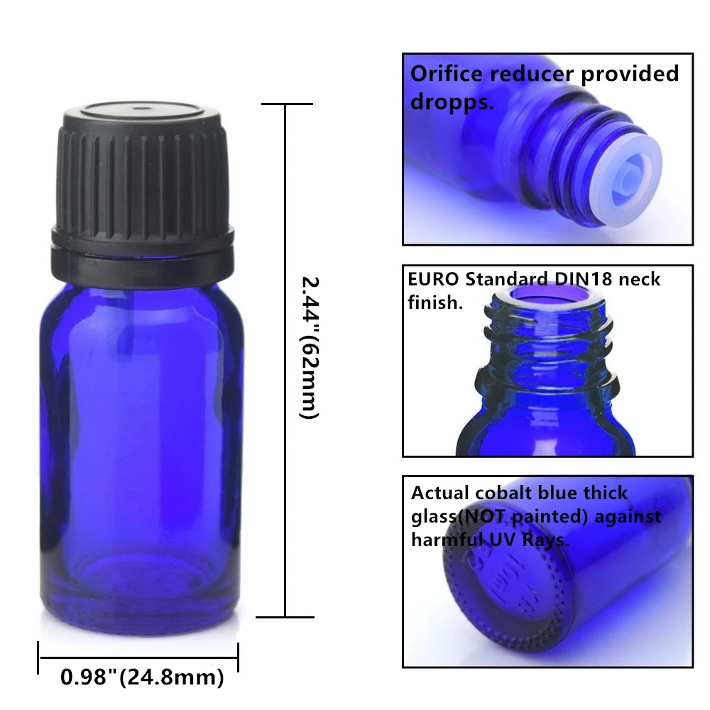 12 шт 10 мл Кобальт синие стеклянные бутылки с евро капельным дозатором отверстие редуктор трамбовочная Крышка для эфирных масел ароматерапия 1/3 Oz