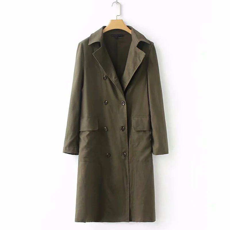 Linen Double Breasted Long Women's Trench Solid Pocket Turn Down Collar Long Sleeve Womens Coats 2018 Autumn Summer Tops Female
