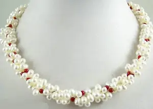 

Free shipping@@@@@Fashion 3 Strands White Freshwater Pearl & Red Coral Necklace