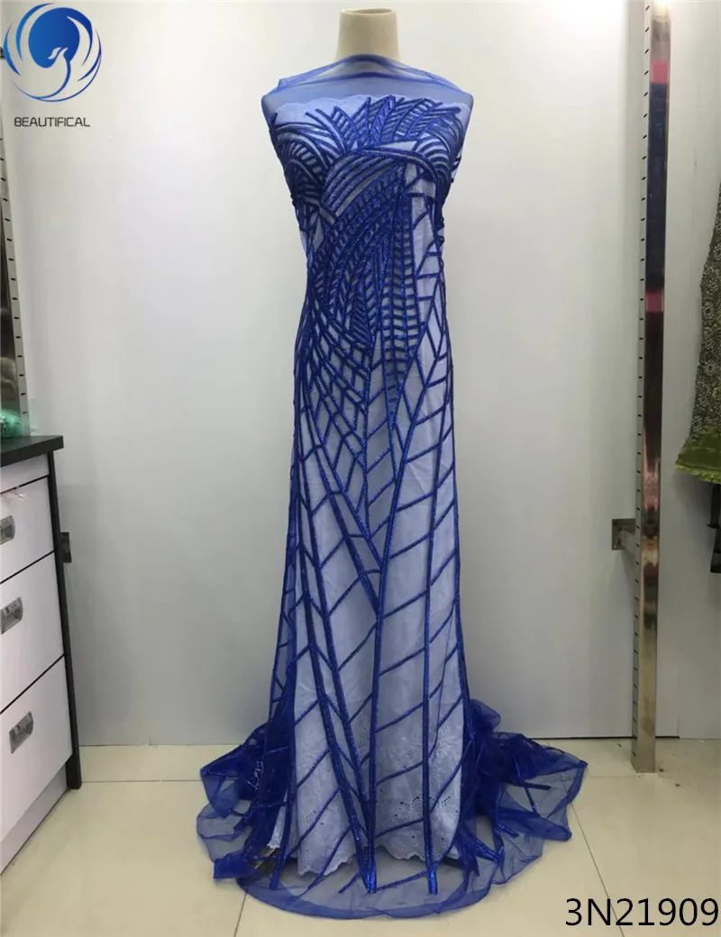 

Beautifical 2018 sequin lace fabric french sequins lace african lace fabric blue glitter dresses african fabrics for party 3N219