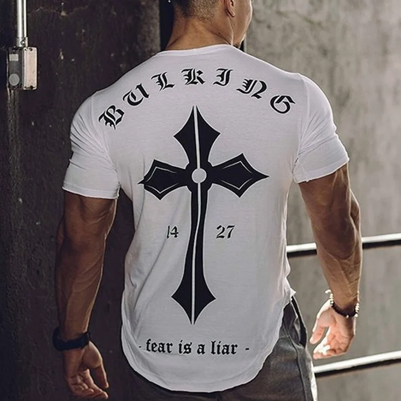 

Mens Run Jogging Sports Cotton T-shirt Gym Fitness Bodybuilding Short sleeve Slim t shirt Male Workout Training Tee Tops Apparel