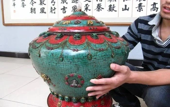 

Nepal Bronze Copper inlay turquoise ruby beryl Crock Pot Vase