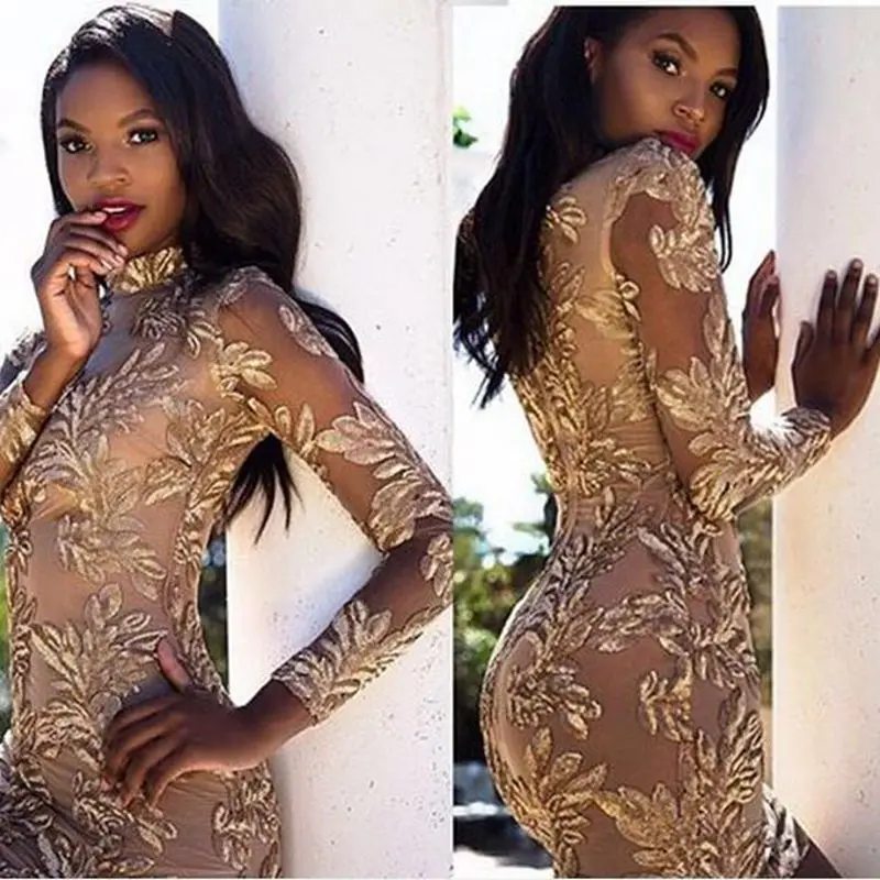 

2019 elegant Night Club Sexy Sequin Bodycon print New Fashion Long Sleeve Bodycon Bandage Dress Gold and Nude bling sequin dress