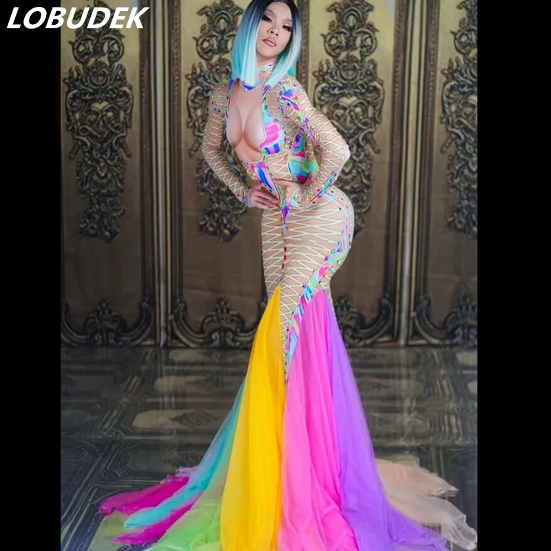 

3D Bandage Printed Colorful Mesh Trailing Dress Sexy Elastic Skinny Long Dress Women Singer Host Bar Prom Party Stage Costume
