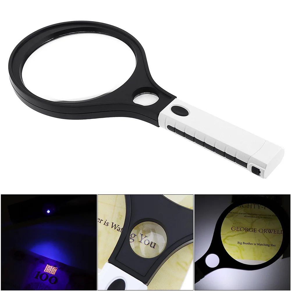 

138MM 3X + 30MM 10X Handheld Racket Type Acrylic Optics Magnifier with 4 LED Lights and UV Light for Antique Appreciation