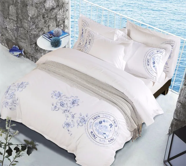 Blue and white Porcelain Embroidery Patterns Bedding Set 100 Cotton