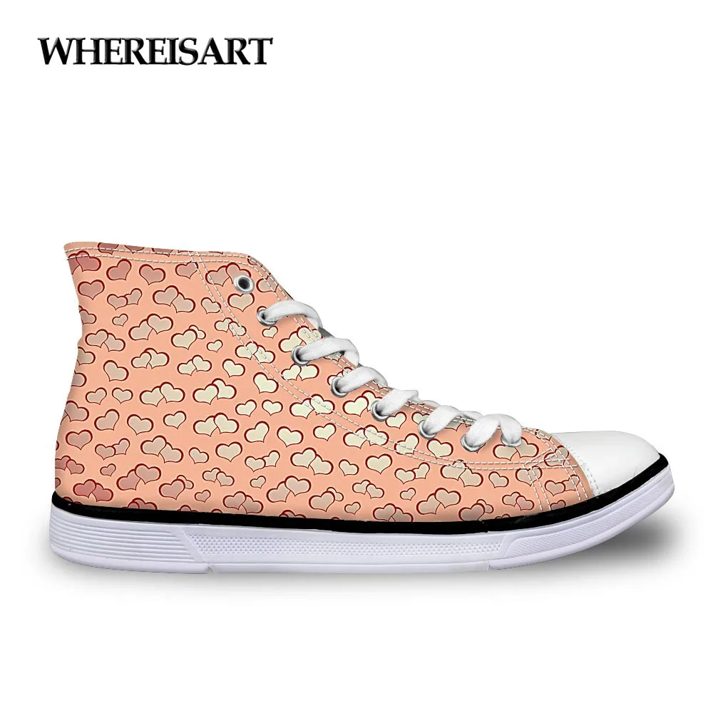 

WHEREISART Fashion Women's Heart Shaped Vulcanize Shoes Classic Women High Top Canvas Shoes Comfort Students Lace-up Flat Shoes
