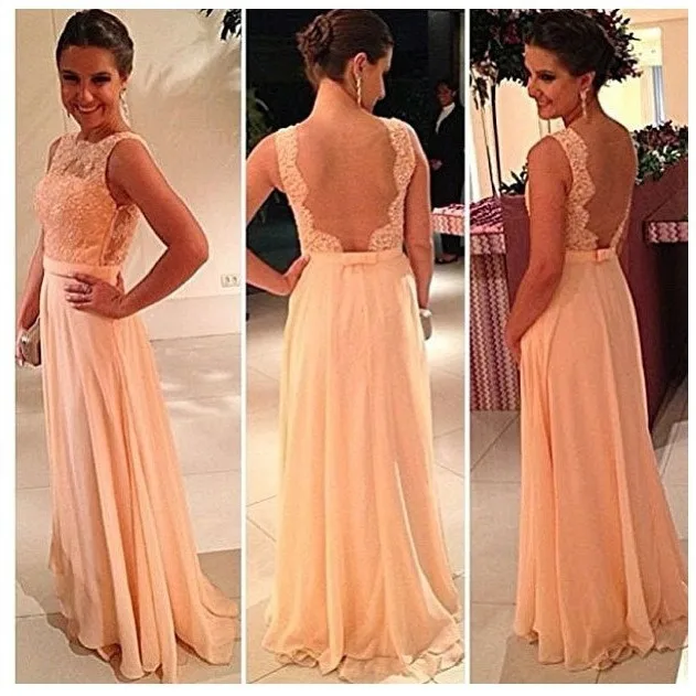 Free-shipping-High-quality-nude-back-chiffon-lace-long-prom-dress-peach-color-bridesmaid-dress-brides