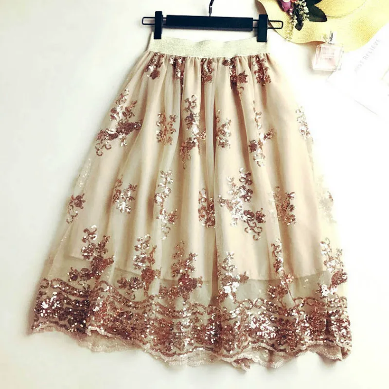 

Skirts Women Girls Middle Long Elastic Force Champagne Sequins Lace Sexy A Type High Waist Black Skirt Faldas Mujer Moda 2018