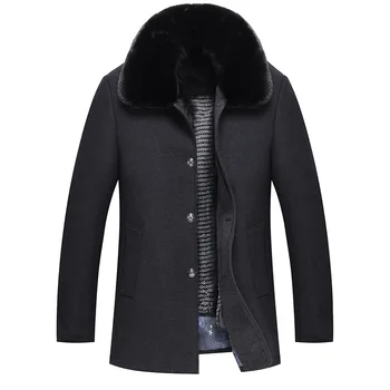 

Medium Long Thicken Warm Wool Cashmere Mens Coat Detachable Lining Big Fur Collar Winter Jacket Men