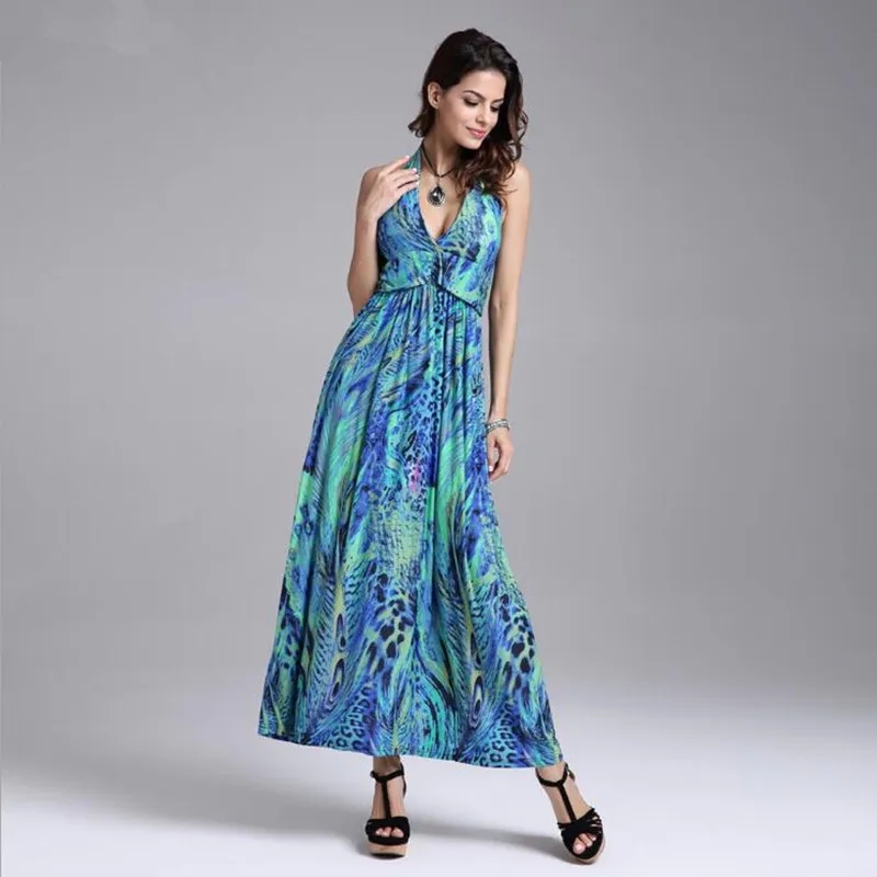

2019 Summer Women's Dress Sundress Sexy Length Dress Bohemian Sleeveless Elegant Colourful Peacock Floral Print Long Maxi Dress