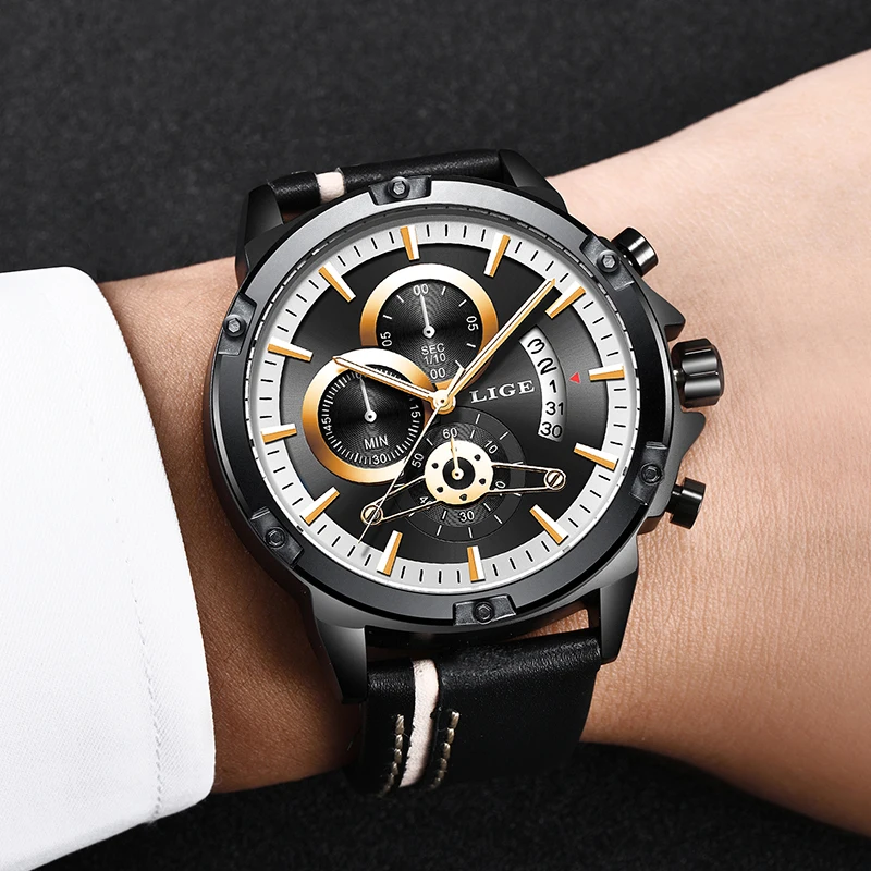 2019 Erkek Kol Saati LIGE New Mens Watches Top Brand Luxury Fashion Quartz Clock Men Casual Leather Black Sport Waterproof Watch