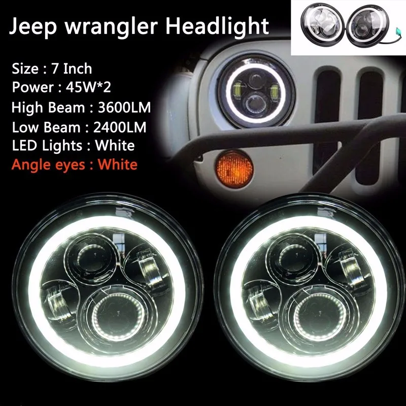 2pcs 7Inch Round LED Headlight Halo White Angel Eyes Jeep 97-2016 Wrangler JK LJ