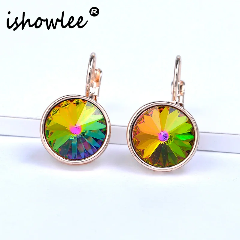 

ISHOWLEE Real Round Swarovski Crystal Earrings Jewelry for Women Rose 585 Gold Natural Stones Earrings Zircon Jewelry esp16