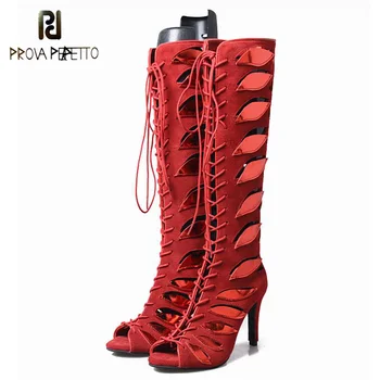 

Prova Perfetto Hollow Out Mixed Color Leaves Women Boots Sandals Peep Toe Stilettos High Heel Cross Tied Motorcycle Boots Mujer