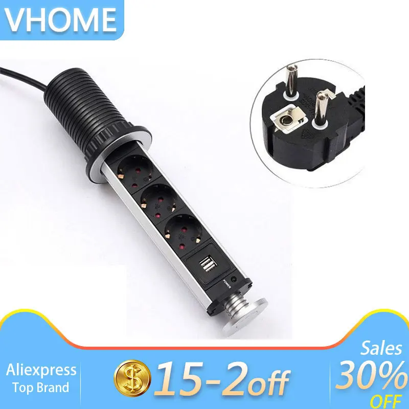 

Pulling Pop-up Desktop USB Socket 3 Power Socket 2 USB Charging Port Kitchen Table Sockets Retractable Worktop EU/UL Plug 16A