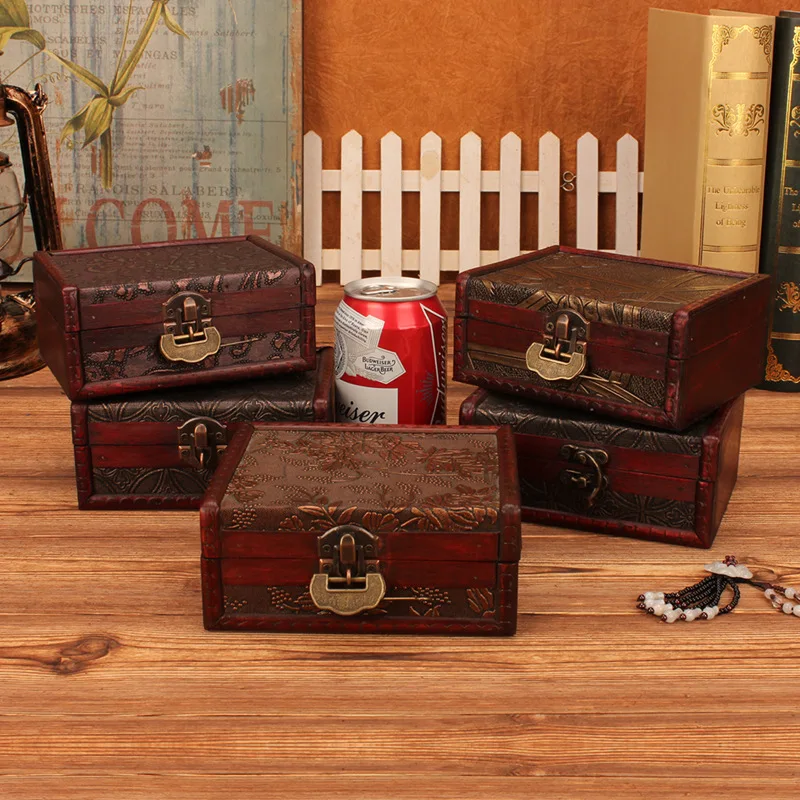 

GUSHIFU Wooden storage jewelry box small Vintage wood box with Metal Lock Wedding gift packaging Manual Desktop decoration