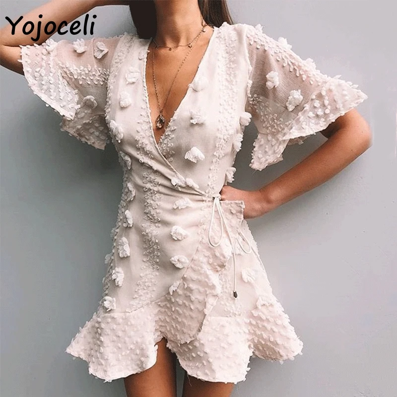 Yojoceli, романтичное платье из кареточной ткани, женское мини-платье с рюшами и бантом,, повседневное Повседневное платье, шифоновое жаккардовое платье для женщин, vestidos