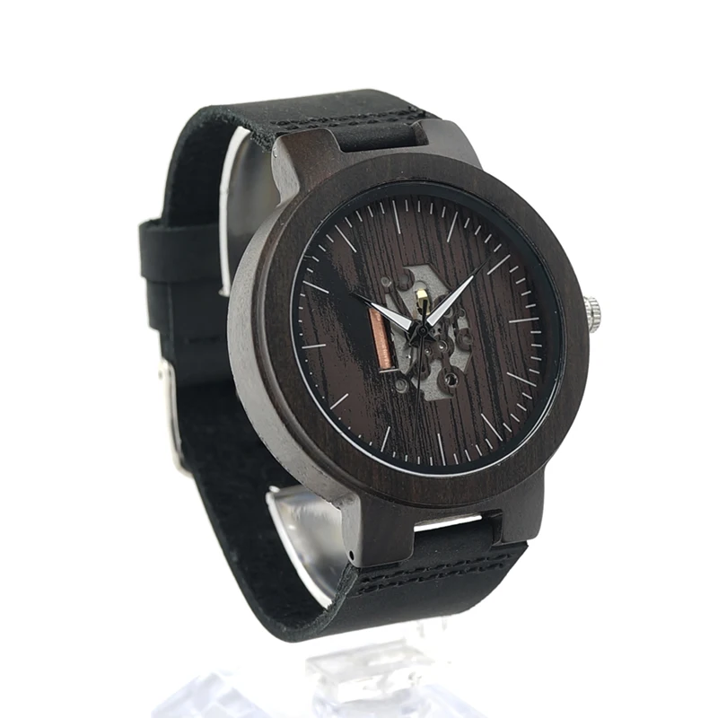 BOBO BIRD V-H30 Mens Wooden Watch Doodle Paint Dial Exposed Movement Quartz Wristwatch with Leather Strap reloj de los hombres