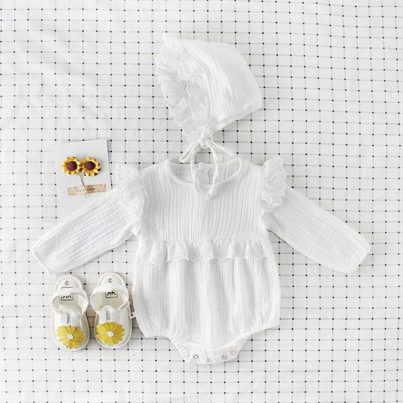 White Long Sleeve Everweekend сладкие девочки кружевные рукава комбинезон с Шапки конфеты розовый белый Цвет Младенцы Малыши Дети Одежда - Цвет: White Long Sleeve
