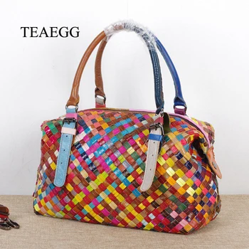 

TEAEGG Women Cow leather hand-woven bag Lady Real Genuine Leather handbag Female Messenger bag