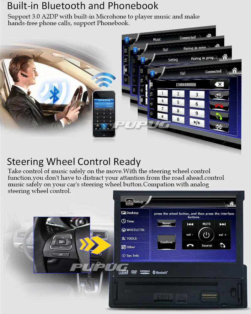 EinCar 7.0 inch Wince System Single 1 Din Car DVD Player Support GPS Navigation/USB/SD Box input/Subwoofer output/Cam-in/Bluetooth/Steering Wheel Control Function/FM/AM Radio Stereo Multimedia Station Navigation System Map+Backup camera