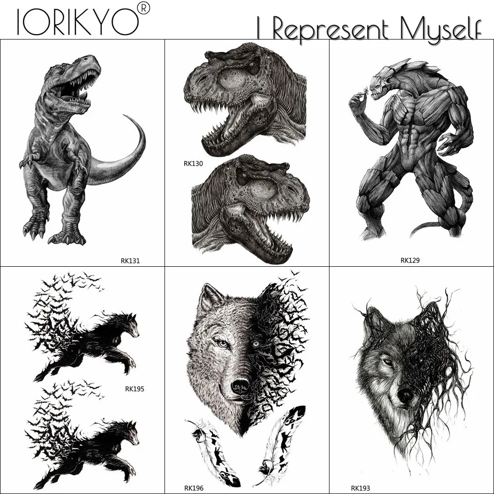 

IORIKYO Black Jurassic Dinosaur Men Arm Tattoo Stickers Women Body Art Birds Temporary Tattoo Wolf Fake Tattoo Tyrannosaurus Rex