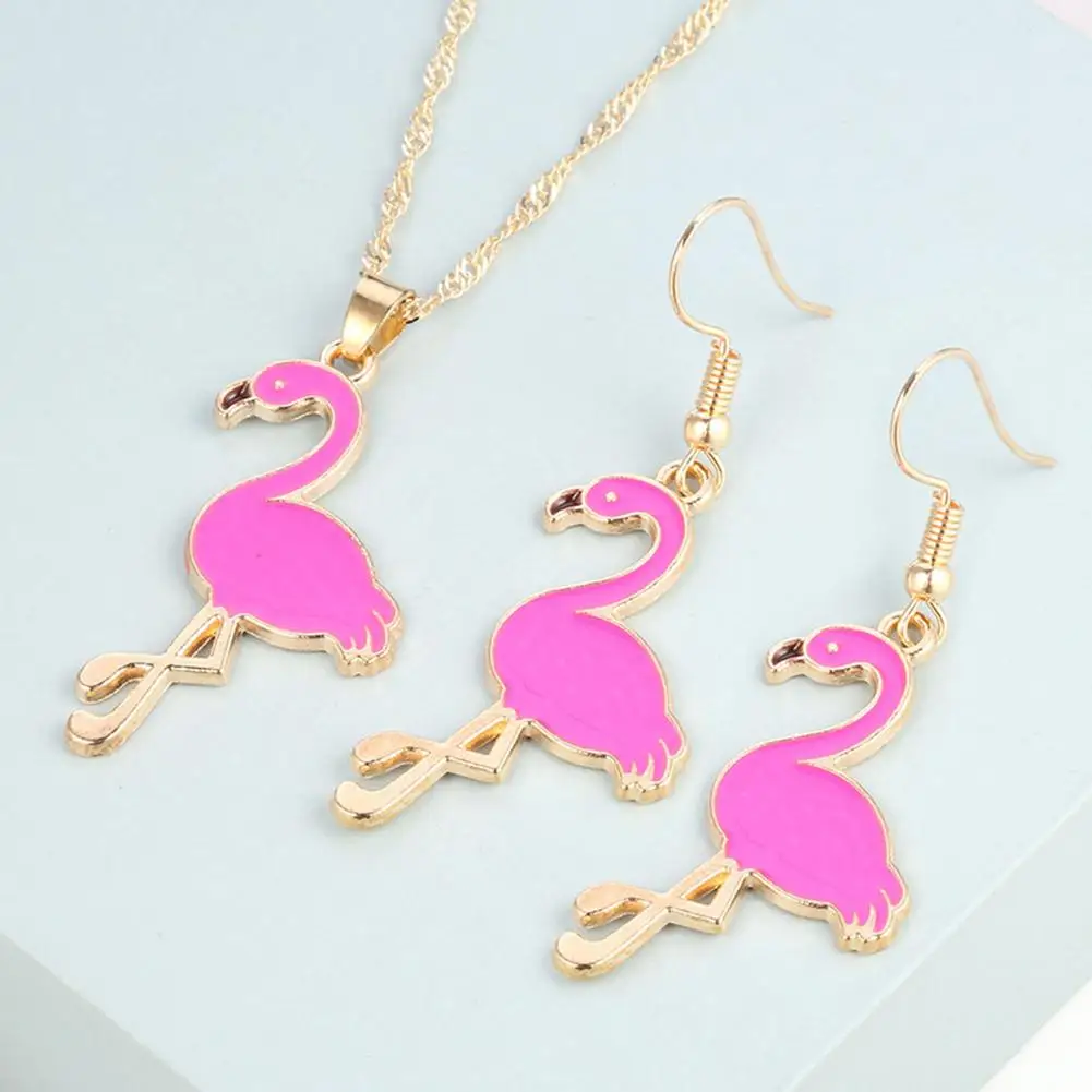 

2Pcs Cute Flamingos Enamel Pendant Hook Earrings Necklace Women Jewelry Set Gift hot