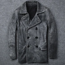 Кожаные мужские куртки средней и длинной длины из коровьей кожи винтажные Ретро кожаные куртки двубортное пальто