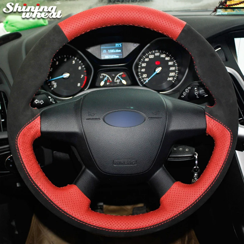 

Shining wheat Black Suede Red Leather Car Steering Wheel Cover for Ford Focus 3 2012-2014 KUGA Escape 2013-2016 C-MAX 2011-2014