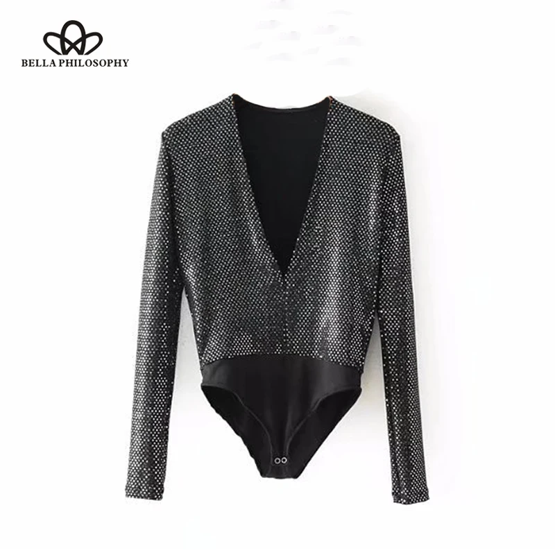 Bella Philosophy 2018 women sexy bodysuits V Neck sparkly long sleeve bodysuits solid skinny