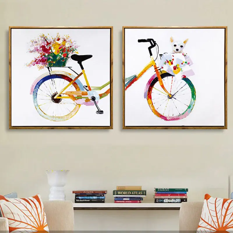 HAOCHU-Nordic-Decoration-Flower-Colorful-Bicycle-Dog-Chihuahua-Oil-Canvas-Painting-Wall-Poster-and-Prints-For