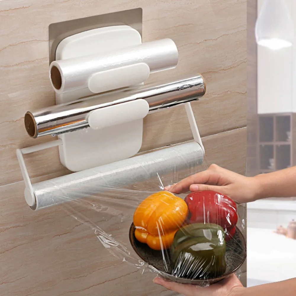 

Creative Three-In-One Plastic Wrap Rack Storage Shelf Retractable Roll Holder Multi-Function Home Storage Rack Organizer