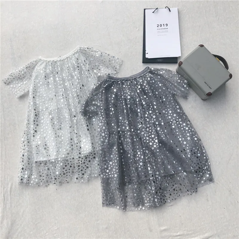 Sweet Mesh Children's Dresses Star Sequined Ball Gown Dress For Girl Short Sleeve Net Yarn Tutu Summer Girls Clothing | Детская