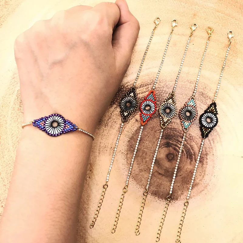 

2018 Empress New Fashion Woman Boho Ethnic Fans Turkey Evil Eyes Headmade Gold Blingbling Crystal Bracelet Glass Miyuki Beads