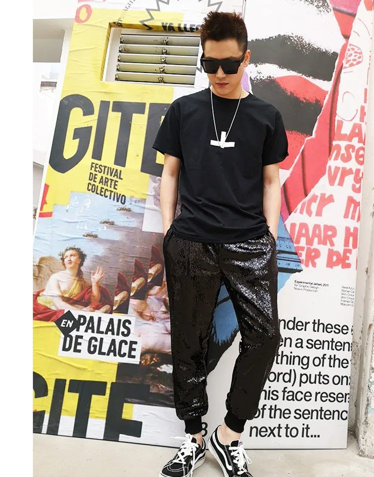 black harem trousers Men Silver Black Sequin Long Pants Sequined Casual Pants Nightclub Tide Male Singer Dancer Dance Costume Rock HIP HOP Stage Wear harem pants