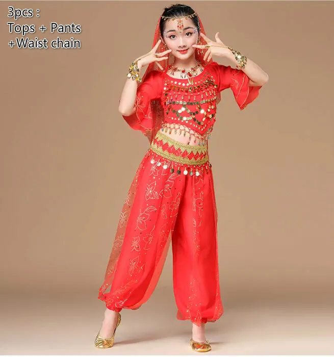 Детская индийский танцевальный костюм обувь для девочек живота комплекты для танцев Восточный танец национальный костюм выступления Болливуд одежда 3 цвета - Цвет: 3pcs red