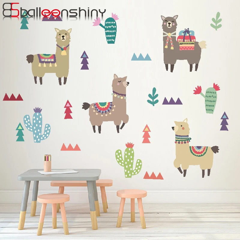 

BalleenShiny Cartoon Alpaca Cactus Creative Wall Sticker Indian Style Children Room Furniture Decoration Nursery Removable Decal