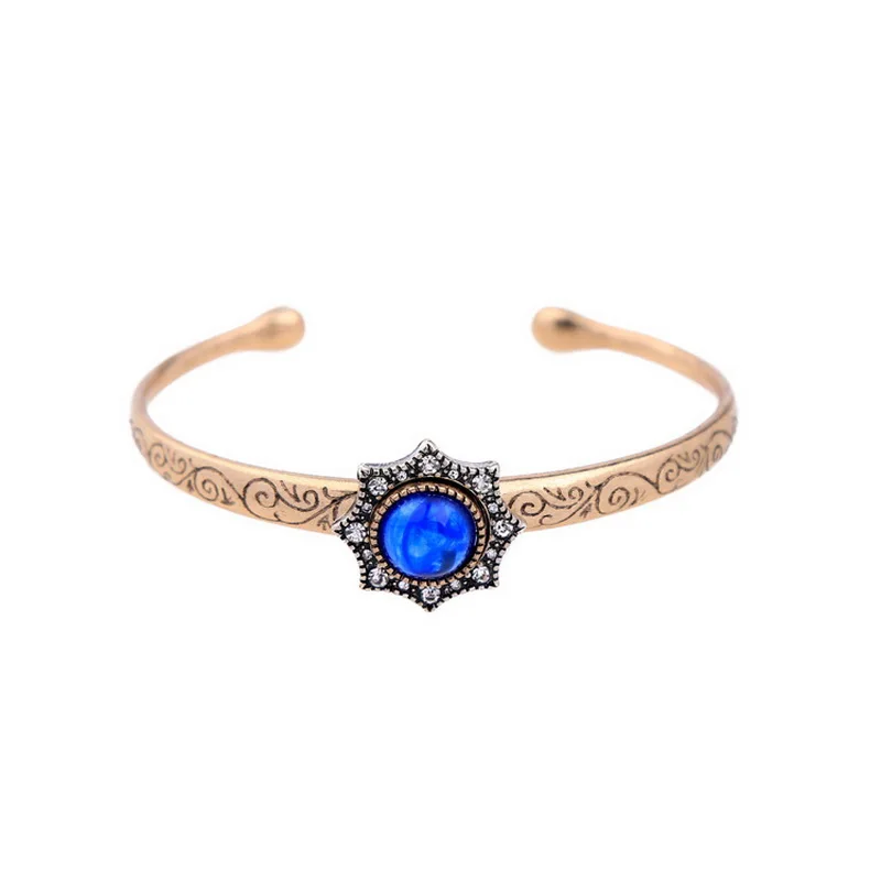 

Antique Gold Blue Stone Flower Charms Cuff Bangles Bracelets for Women Engrave Arabesque Tibetan Jewelry Valentines Day Gift
