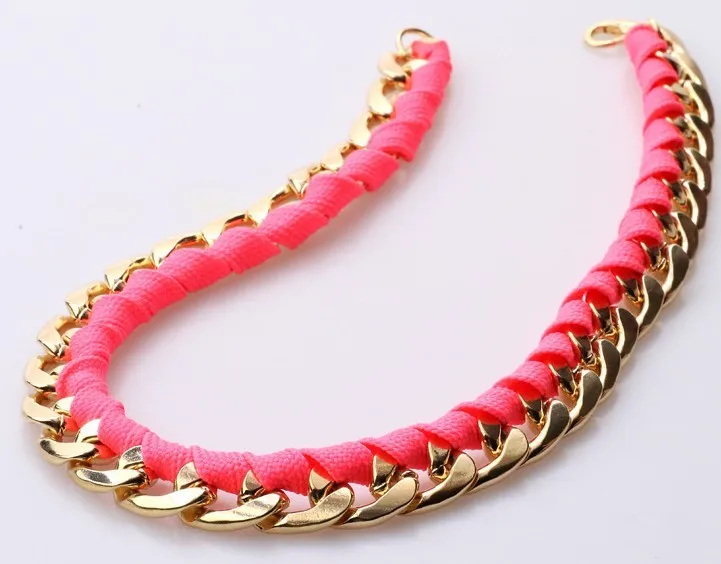 Модная женская бижутерия новое поступление неоновая хлопковая нить металлическая цепочка, короткое ожерелье 2013 женские HT-95 - Окраска металла: Pink