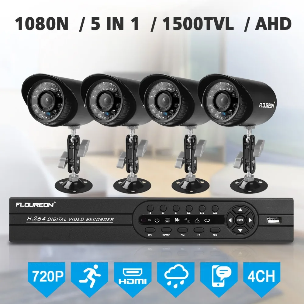 FLOUREON AHD 4CH CCTV 1080N HDMI DVR 1.0MP 1500TVL Открытый Всепогодный набор камеры видеонаблюдения домашняя система безопасности комплект видеонаблюдения