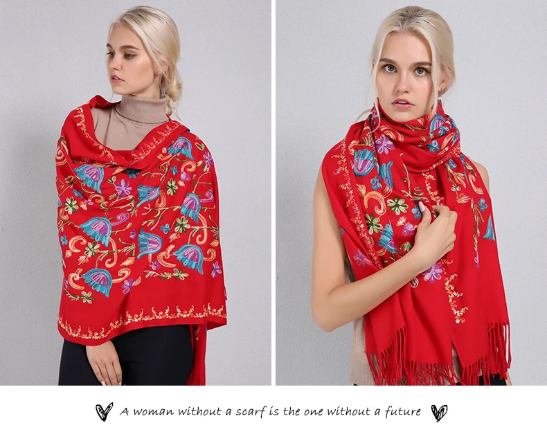 Sparsil Женский кашемировый длинный зимний шарф из пашмины с вышивкой, мягкий теплый шарф с кисточками, вязаные женские осенние шарфы с цветочным принтом