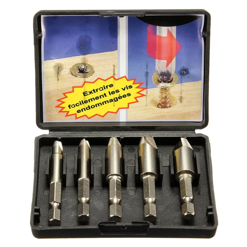 

5Pcs/set Screw Stud Bolt Easy Extractor Remover Drill Tool Drill Bit 1/4 Hex Shank Extractor Drill Bit with Case Easy Take Out